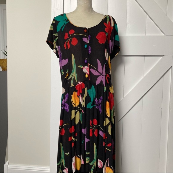 Vintage Dresses & Skirts - Vintage 90s Carole Little bright floral Artsy maxi dress size 16